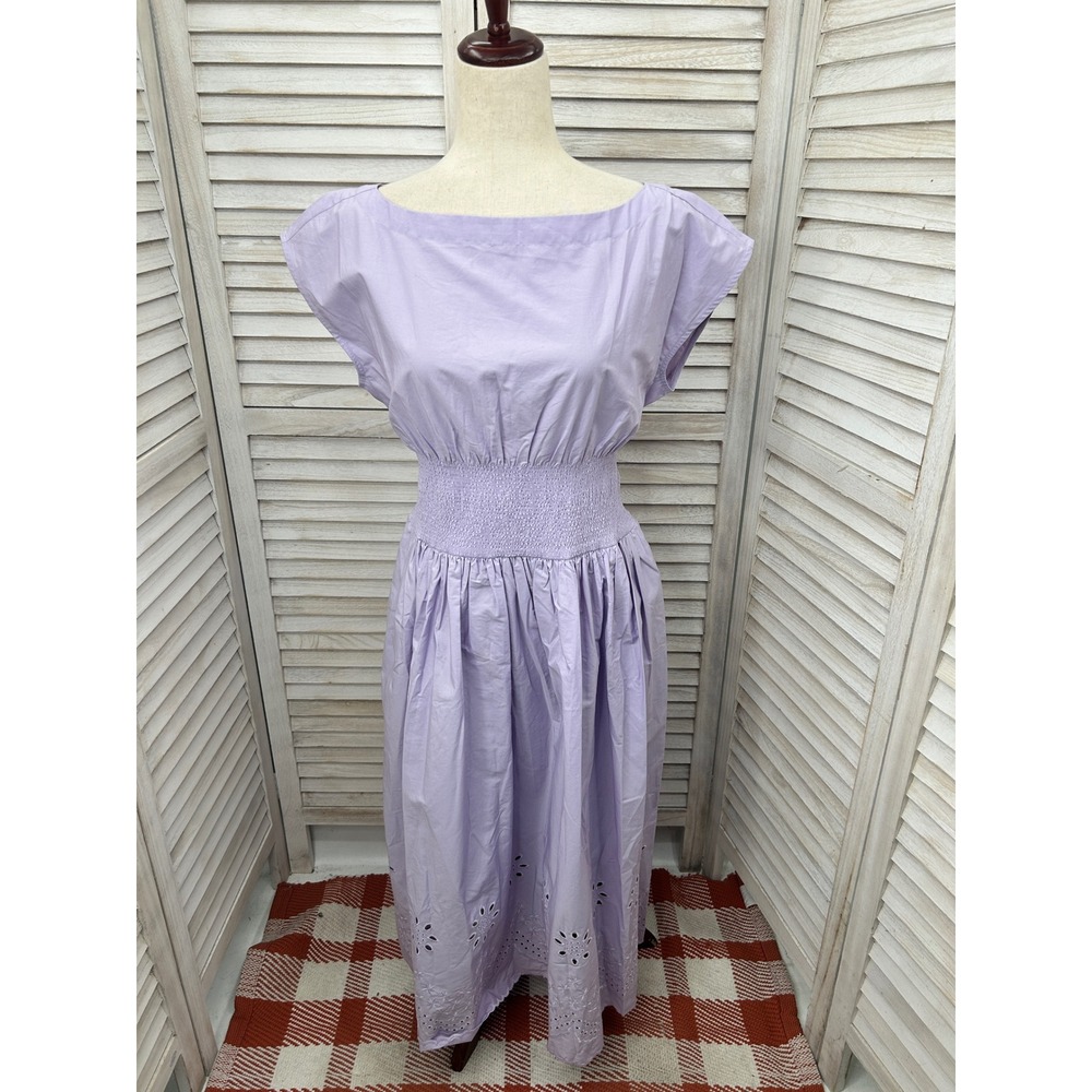 NEW J.Crew Eyelet Midi Dress Petite Large LP Purple Smocked Waist Cotton Summer